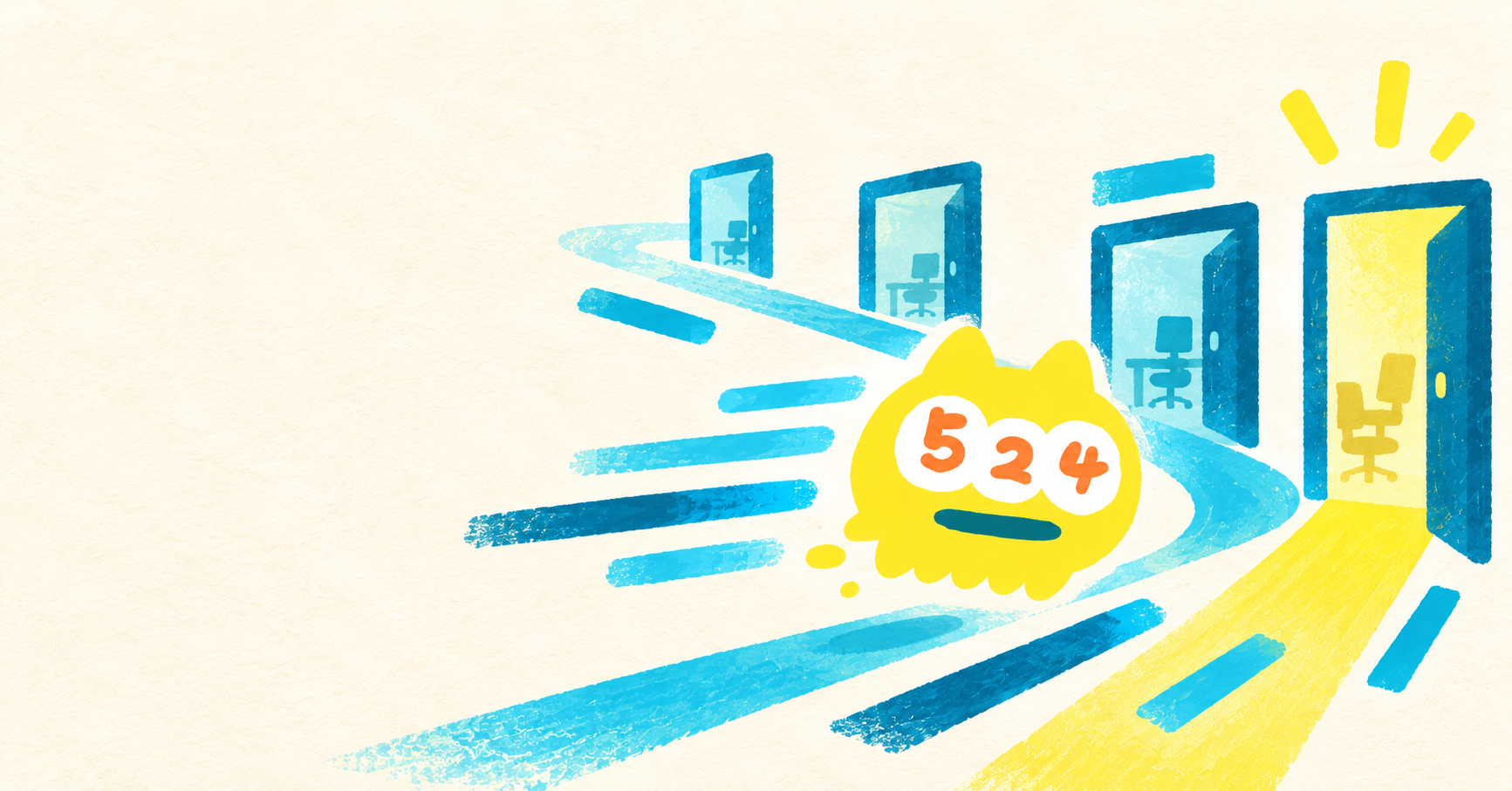 青い道を進み、会社の扉をくぐる524のイラスト