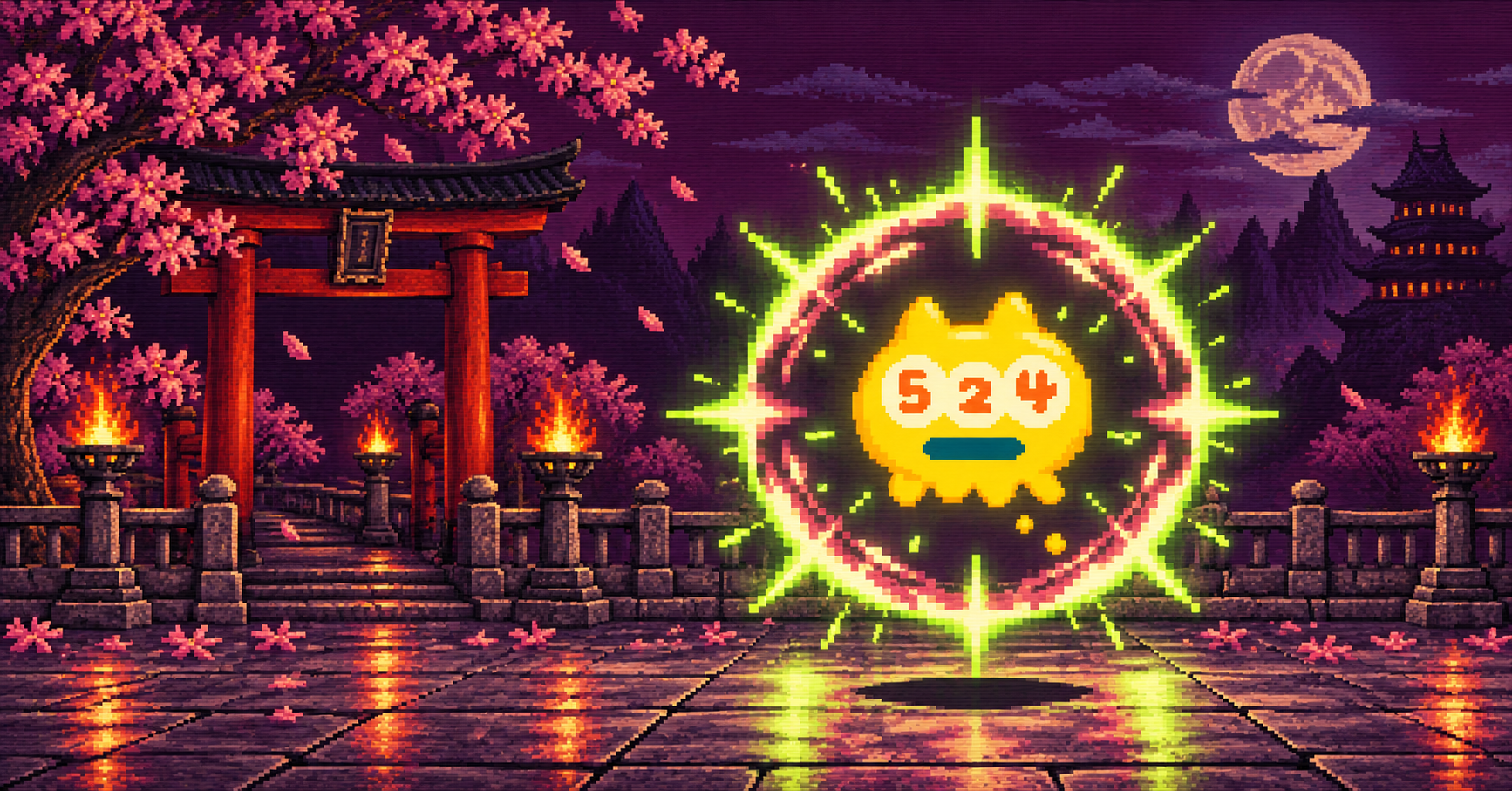 魔法陣の中で光り、城と桜の夜景に浮かぶドット絵の524