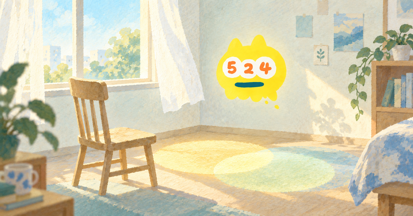 窓のある小さな部屋で、空いた椅子の近くに浮かぶ524。床に三つの光が広がるイラスト。