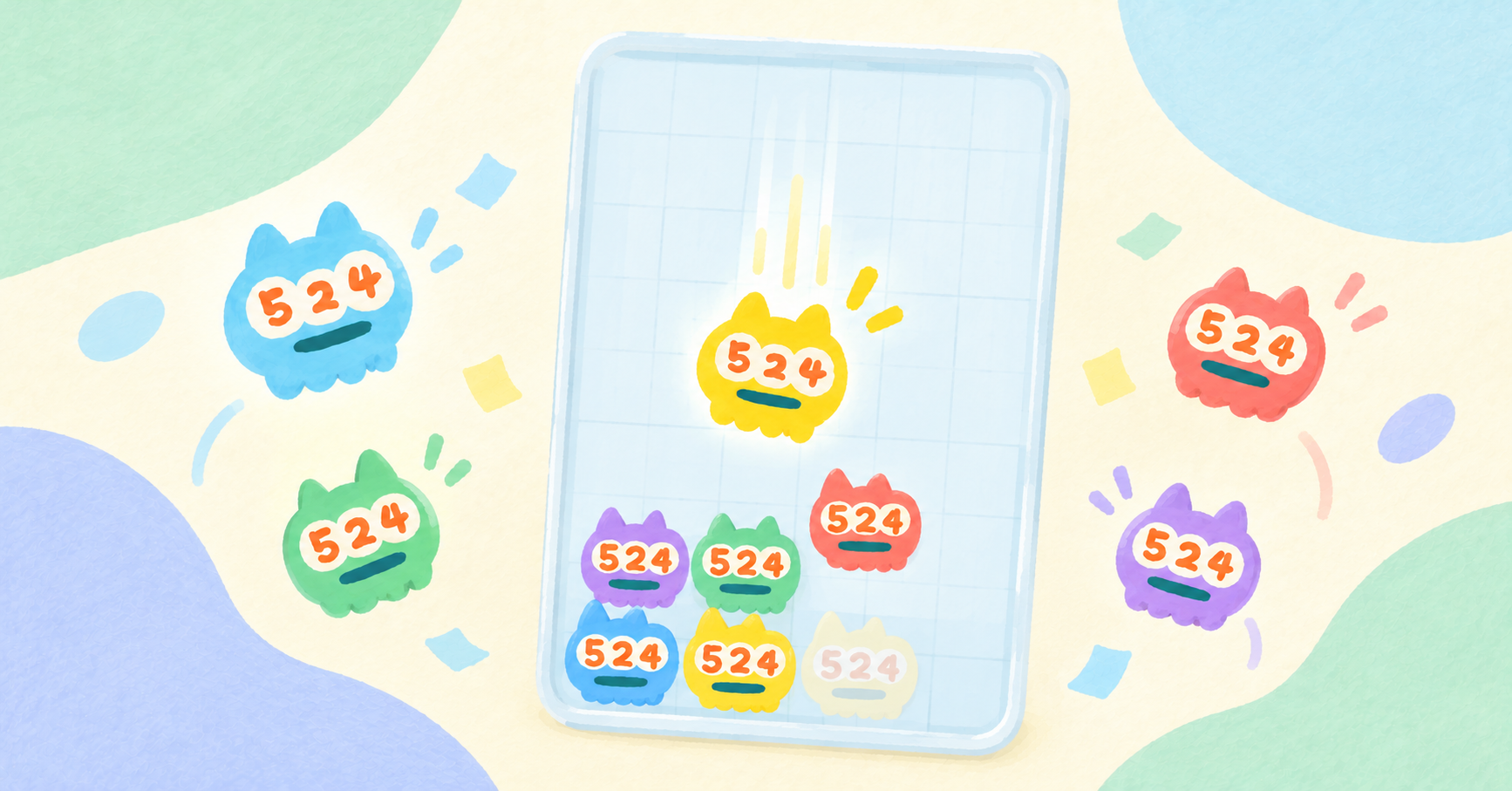 縦長のグリッド盤面に色違いの524が積み重なり、黄色い524が落ちてくるイラスト