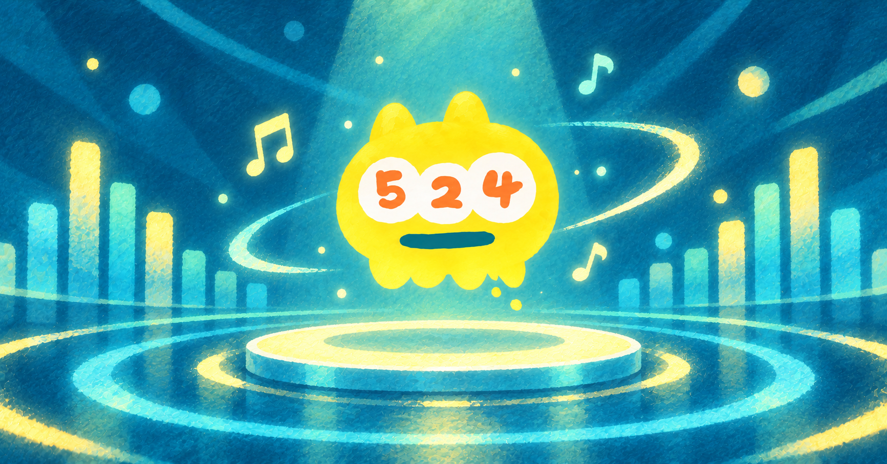 音の波とイコライザーに囲まれ、ステージに浮かぶ524のイラスト