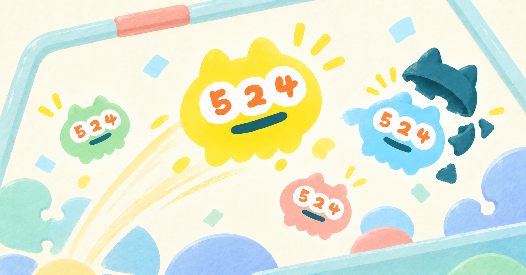 水色のレールを進む黄色い524と、目を開けた緑・青・ピンクの524たち