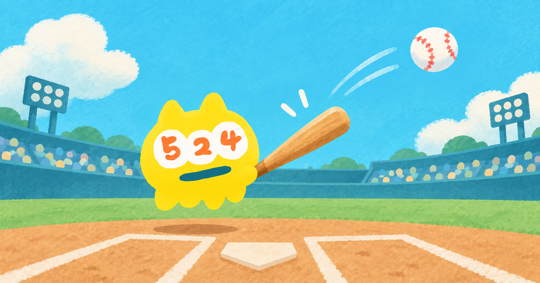 バットを振る524と、スタジアムの空へ飛ぶボール